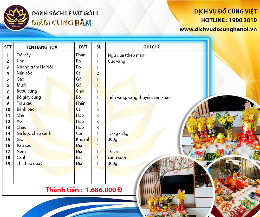Bảng giá mâm cúng rằm gói 1