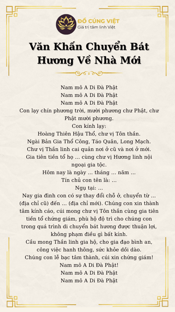 Văn Khấn Chuyển Bát Hương Về Nhà Mới